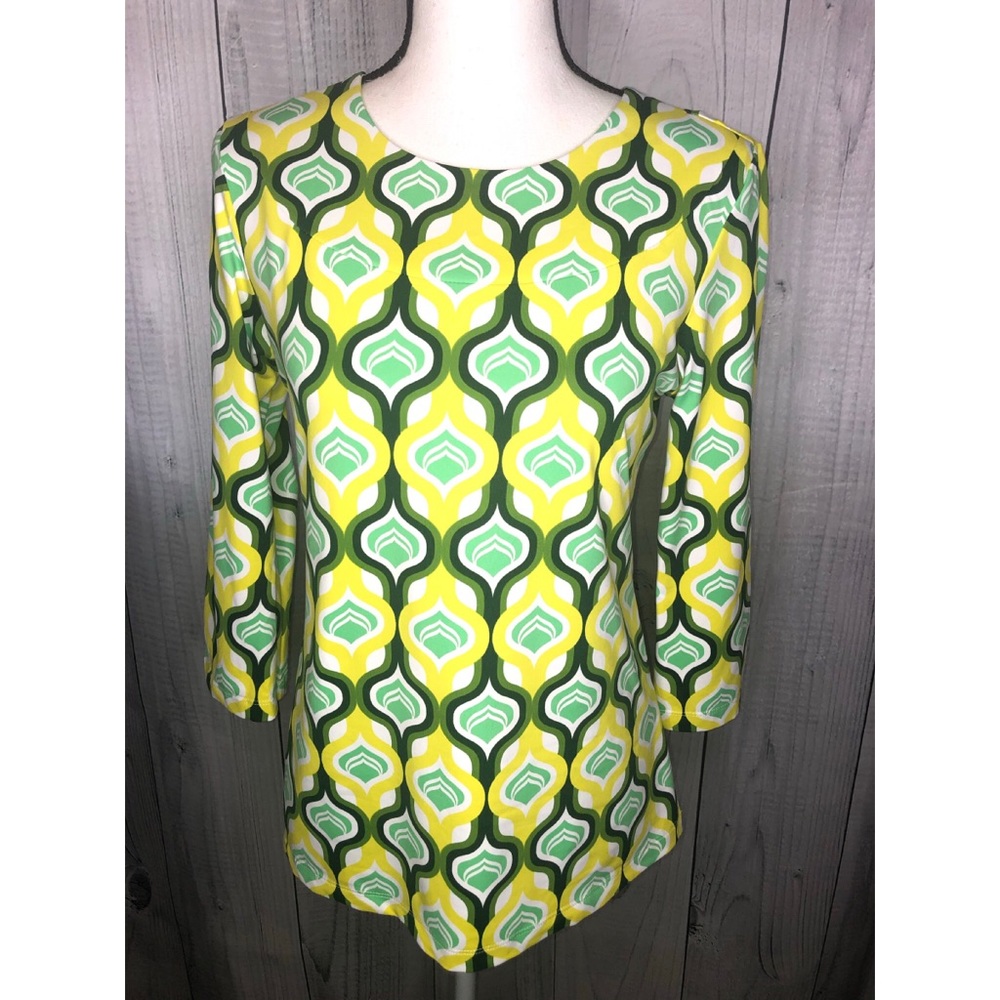 J McLaughlin 3/4 Sleeve Top Catalina Cloth Fabric Geometric Print Sz XS
